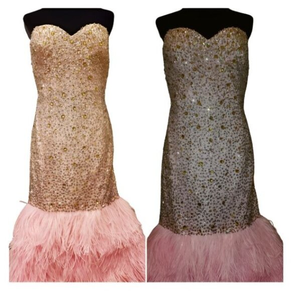 Evening Wedding Cocktail Runway Beaded Crystals Ostrich Feathers Couture Dress - Picture 13 of 16